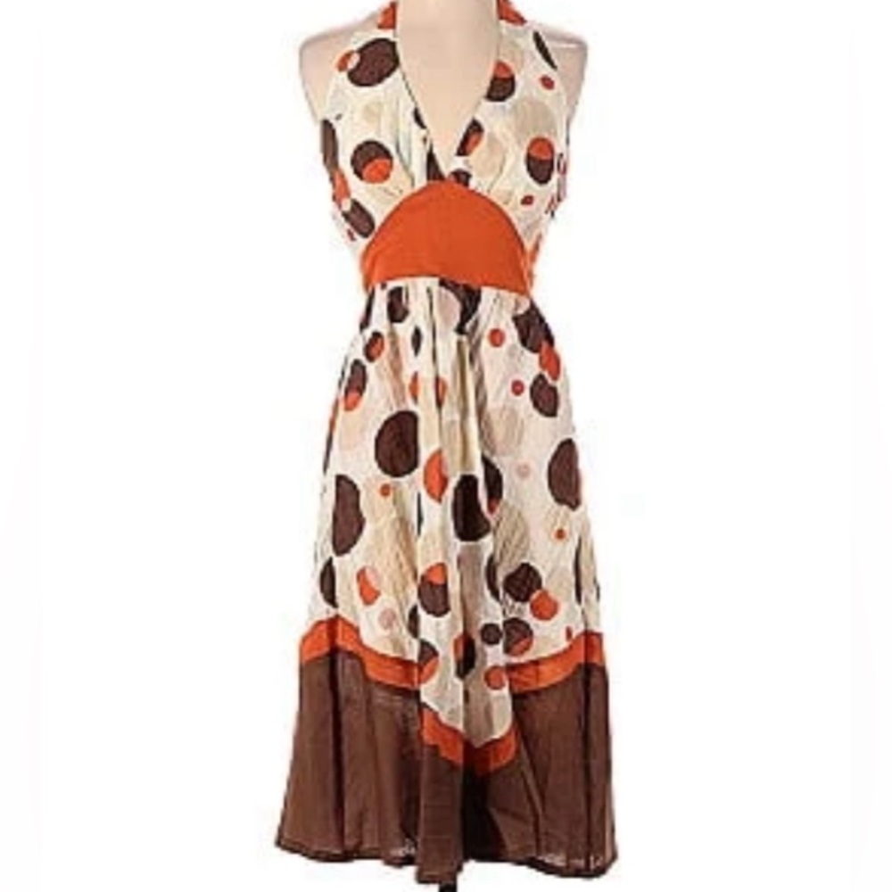 Fumblin Foe Polka Dot Halter Tie Top Dress Large Brown Orange Retro 100% Cotton